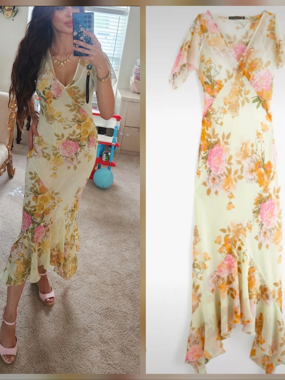 Abercrombie & Fitch Floral V-Neck Midi Dress in Green and Pink